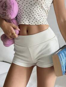 DAZY 女款夏季素色高腰彈性修身灰色短褲 - 白色 - 查看 5