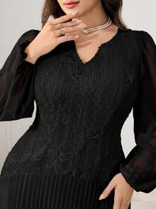 Modelyn 大码优雅派对纯色褶皱连衣裙 - 黑色 - 查看 1