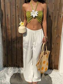 Aloruh 女士度假海滩花卉装饰露背上衣夏季海滩度假 - 墨綠色 - 查看 5