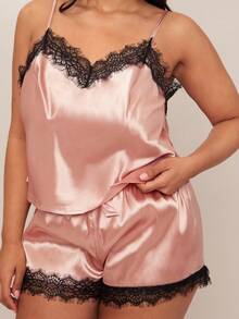 SHEIN BAE Plus Size Faux Silk Lace Trim Cami Top And Shorts Pajama Set Satin Pajama Set Lace Trim Pajama Set Satin Sleepwear Set Lingerie Pajama Set Lace Pajama Set Lace Pj Set Lingerie Sleep Set Babydoll Pajama Set - Dusty Pink - View 1