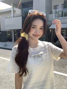 DAZY Women's Sweet White Bow Ruffle Striped Loose T-Shirt, Gorgeous Summer Top With Exquisite Design - White - View 6