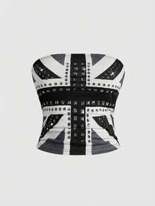 ROMWE Grunge Punk Áo nữ phong cách retro Y2K in hình cờ Anh, đính đá và đinh tán. - Xám - Xem 4