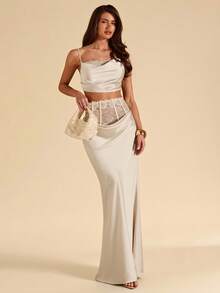 SHEIN BAE Elegancki komplet spódnicy syreny z satyny w kolorze morelowym z koronką i wiązaniem na ramiączkach, 2 sztuki dla kobiet, elegancka spódnica w kolorze morelowym, odpowiednia na imprezę, koktajl, urodziny, dla druhen i gości weselnych - Morela - Zobacz 3