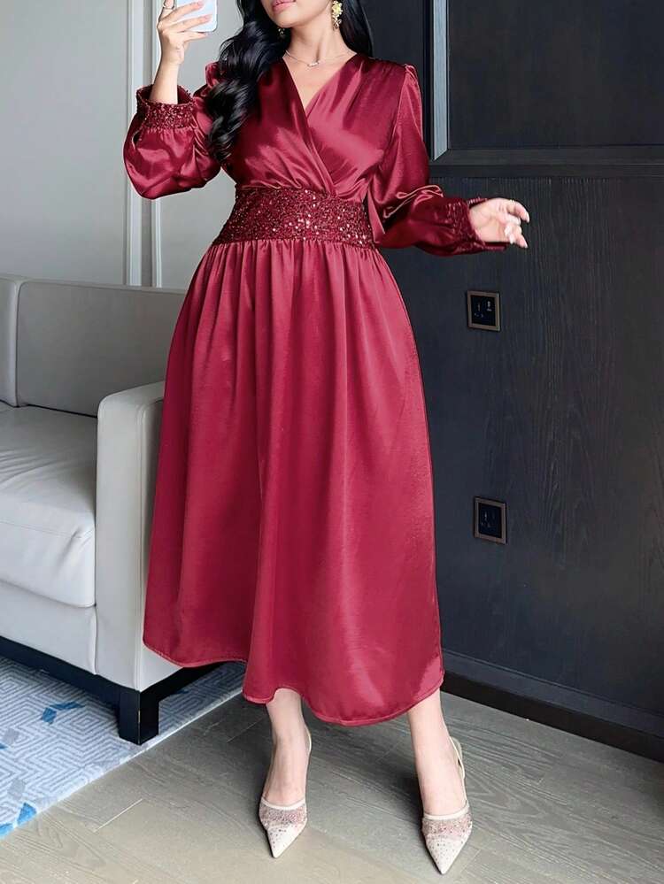 Dazy Plus Plus Size V-Neck Solid Color Patchwork Rhinestone Waist Cocktail Party Maxi Dress, Wine Red, Spring/Summer Sun Dresses For Women