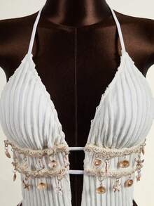 Zestiva Áo tắm liền thân màu trơn, họa tiết vỏ sò và sao biển, cổ chữ V sâu, hở lưng, buộc dây, thích hợp mặc ngoài trời. - trắng - Xem 5