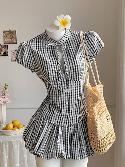 Comfortcana Women's Casual Lace Plaid Low-Waist Button Decor Lantern Shorts