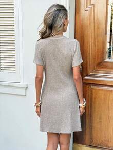 SHEIN LUNE Women's Casual Ribbed Summer Vacation & Commute Daily Basic Fashion Short Sleeve Mini Dress - Apricot - View 2