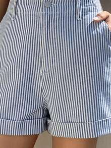 Livesso 女士条纹翻边口袋高腰休闲百搭牛仔短裤，春夏款 - 藍色 - 查看 8