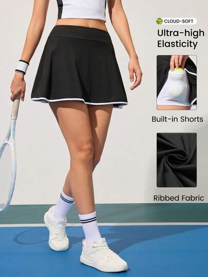 CourtClass 女士运动瑜伽户外健身裙，波浪形撞色滚边，短裤内衬和口袋