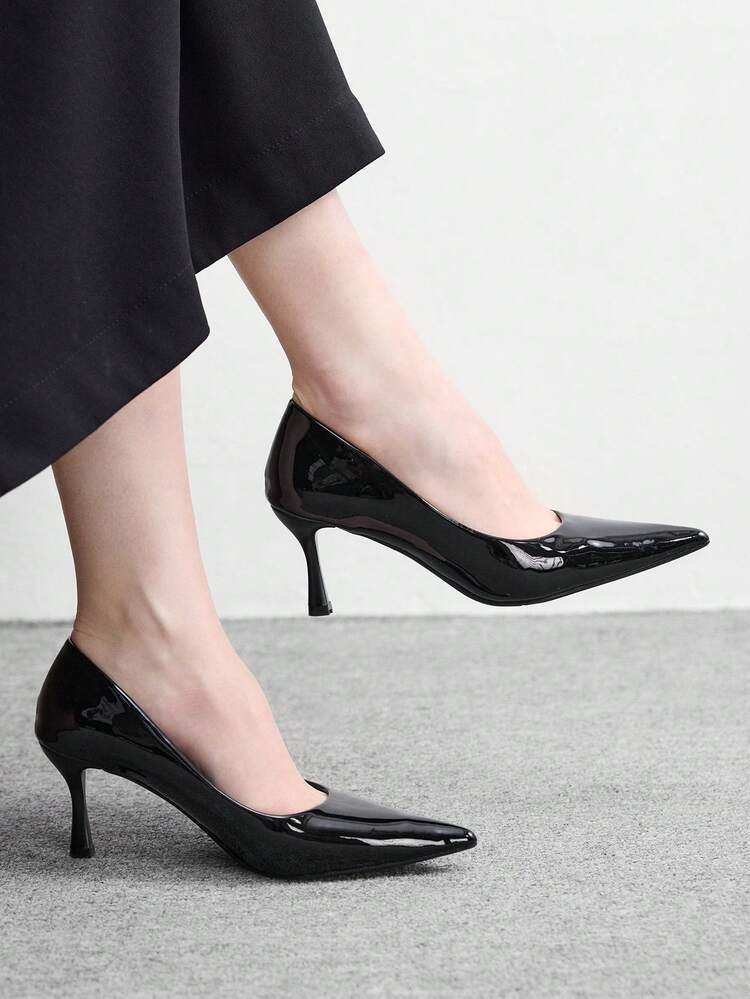CUCCOO BIZCHIC Women Shoes Four Seasons New Black Mirror Pointed Toe Thin Heel High Heel Low Vamp Women's High Heel Shoes Daily Versatile Commuter Business Dinner Party Wear Women's Shoes Spring Shoes