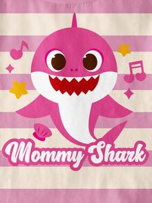 BABY SHARK X SHEIN 女童夏季休闲条纹鲨鱼印花圆领短袖T恤 - 白色 - 查看 4