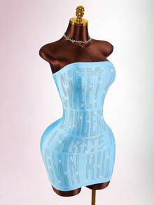 Amplova 女士时尚性感水钻装饰抹胸迷你连衣裙 - 藍色 - 查看 9