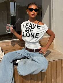 Muchica White Knit Letter Print Asymmetric Collar Short Sleeve Top - White - View 4