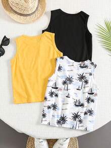 3pcs/Set Tween Boys Casual Vacation Style Palm Tree Print Sleeveless Loose Knit Tank Top Set, Suitable For School, Holiday, Spring & Summer - Yellow - View 2