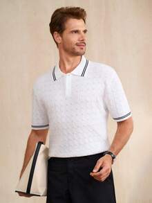 Manfinity CityGents Men's Contrast Stripe Print Button Casual Short Sleeve Knit Top - Multicolor - View 6