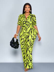 SOLERSUN Ensemble casual grande taille avec Top à manches courtes et pantalon imprimés tout-sur-tout avec ceinture - Vert - Voir 4