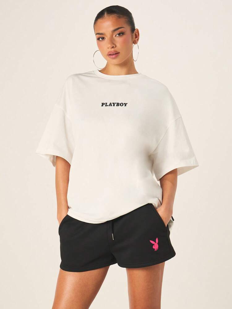 Missguided x Playboy Women's Oversized Graphic Tee With Rhinestone Bunny Logo Back Print Short Sleeve Crew Neck Cotton Casual Summer Top