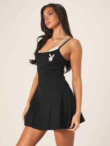 Missguided x Playboy Đầm hai dây ngắn màu đen với dây đeo tương phản, dáng xòe, không tay, thích hợp cho tiệc mùa hè. - màu đen - Xem 4