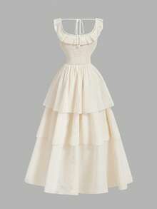 Skyraze 女款奶油白色夏季鄉村風優雅荷葉邊無袖文藝復興長洋裝，婚禮賓客、約會、派對法式牛奶女僕裙 - 杏色 - 查看 4
