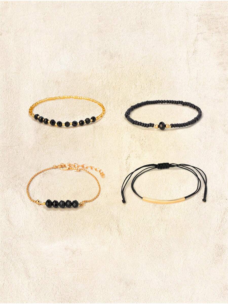 4 Pcs/Set Fashion Black Crystal Handmade Beads Bracelets Set For Women, Fashion Vacation Party Jewelry Gifts - Black - View 1