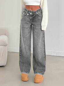 EURMUSE LOW RISE STRAIGHT CUT ASYMMETRIC BELT JEAN - Grey - View 8