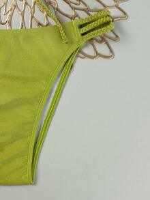 Swim Vcay Bộ đồ 2 mảnh phong cách thường ngày mùa xuân/hè dành cho nữ, chất liệu vải dệt kim bóng màu xanh bạc hà, phần ngực xếp ly, dây chéo và lưng hở, kết hợp với quần tam giác cạp cao buộc dây bên hông. - màu xanh lá - Xem 5