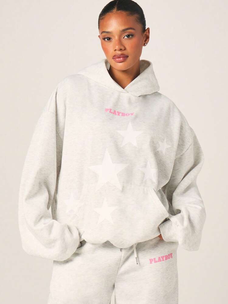Missguided x Playboy Oversize Hoodie mit Sternengrafik, Kordelzug und Mitteltasche, lässiger Streetwear Pullover Sweatshirt