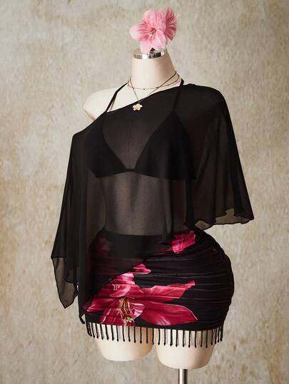 SHEIN ICON Plus Size Floral Print Tassel Decor Bodycon Mini Skirt, Suitable For Vacation, Summer, Beach