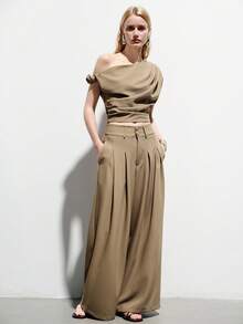 Aveloria Modichic 摩卡卡其色极简都市不对称褶皱设计上衣+高腰褶皱阔腿裤女装两件套，休闲通勤优雅百搭弹力腰宽松阔腿裤两件套 - 卡其色 - 查看 3