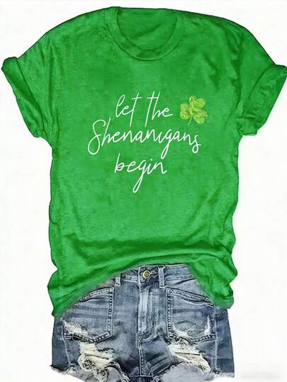 EMERY ROSE Women'S St. Patrick'S Day "Let Shenanigans Begin" Graphic T-Shirt | Dark Green Short Sleeve Crew Neck Casual Top With Clover Design, Washable For Spring/Summer Festivals