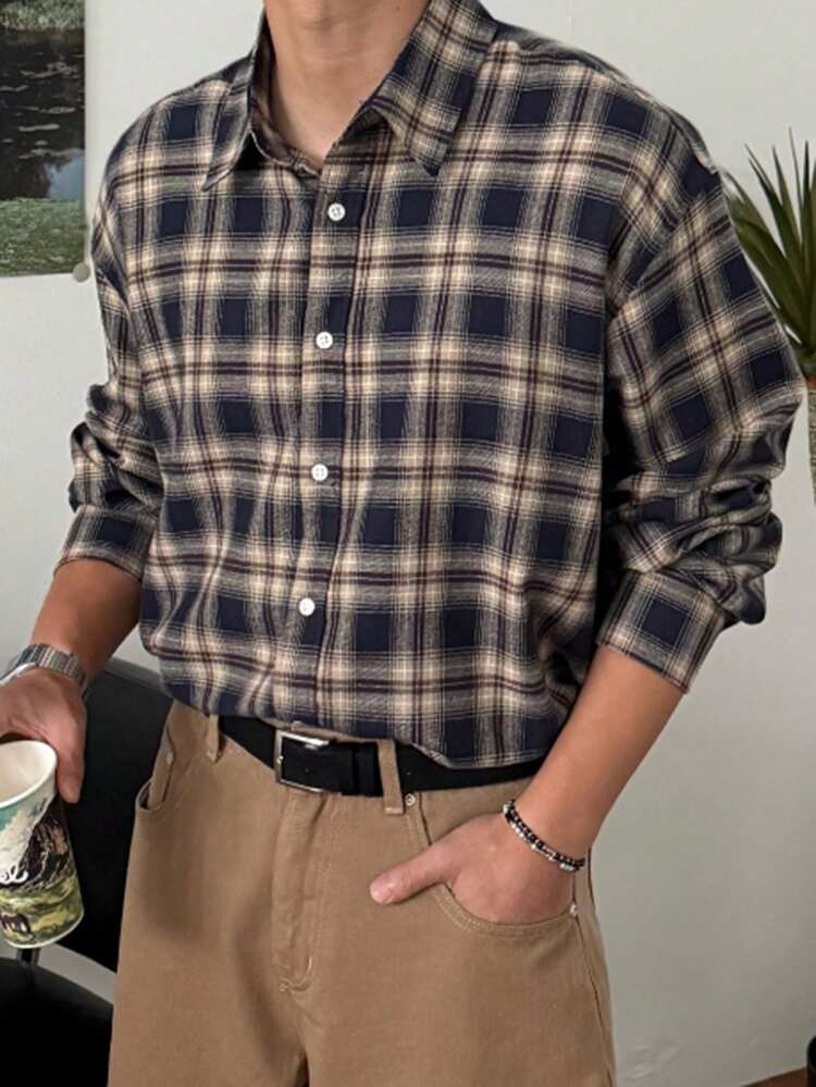 Men's Plaid Loose Fit Casual Shirt, Suitable For Spring And Autumn