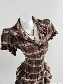Elamini Women's Plaid Collar Ruffle Hem Vintage Style Date Party Mini Dress - Multicolor - View 4