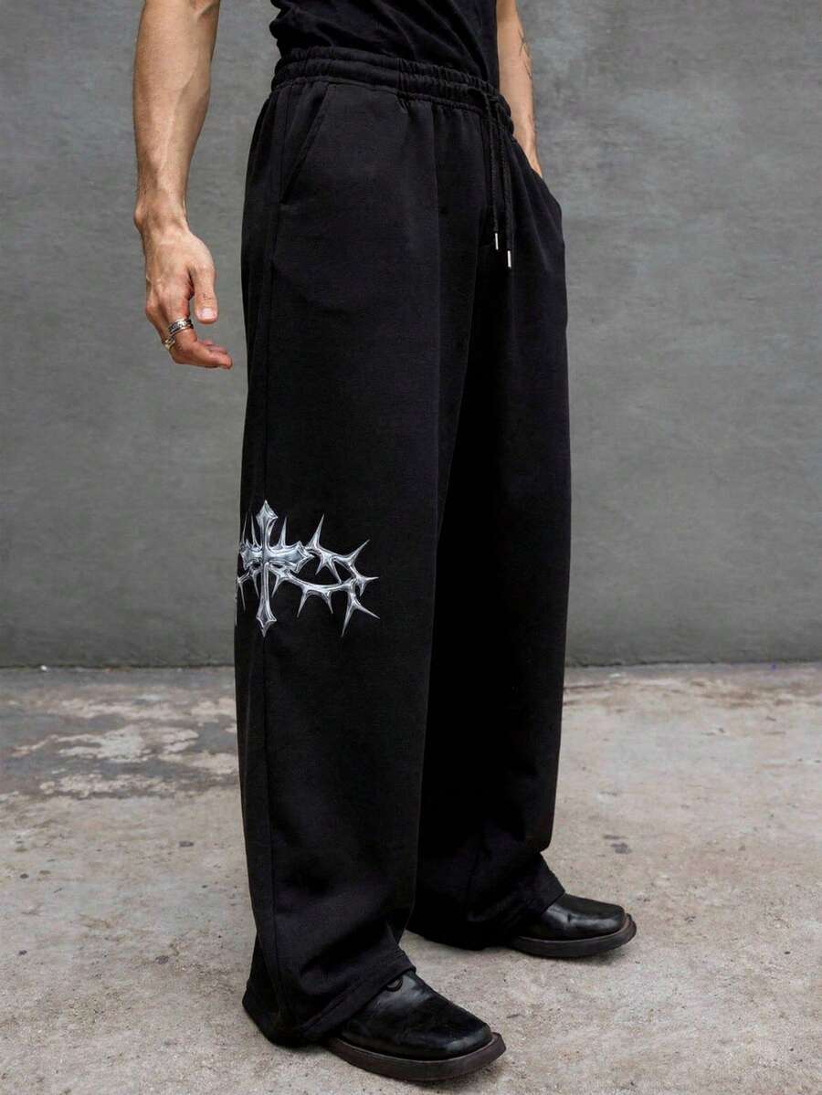 男士交叉印花抽绳腰休闲百搭斜插口袋裤 - 黑色 - 查看 1