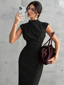 Firerie Women's Elegant Minimalist Casual Daily Commute Vacation Fashion New Small Stand Collar Draped Sleeve Cinched Waist Apricot Long Dress Classy Black Dress Elegant Midi Dress Collar Dress - Black - View 6