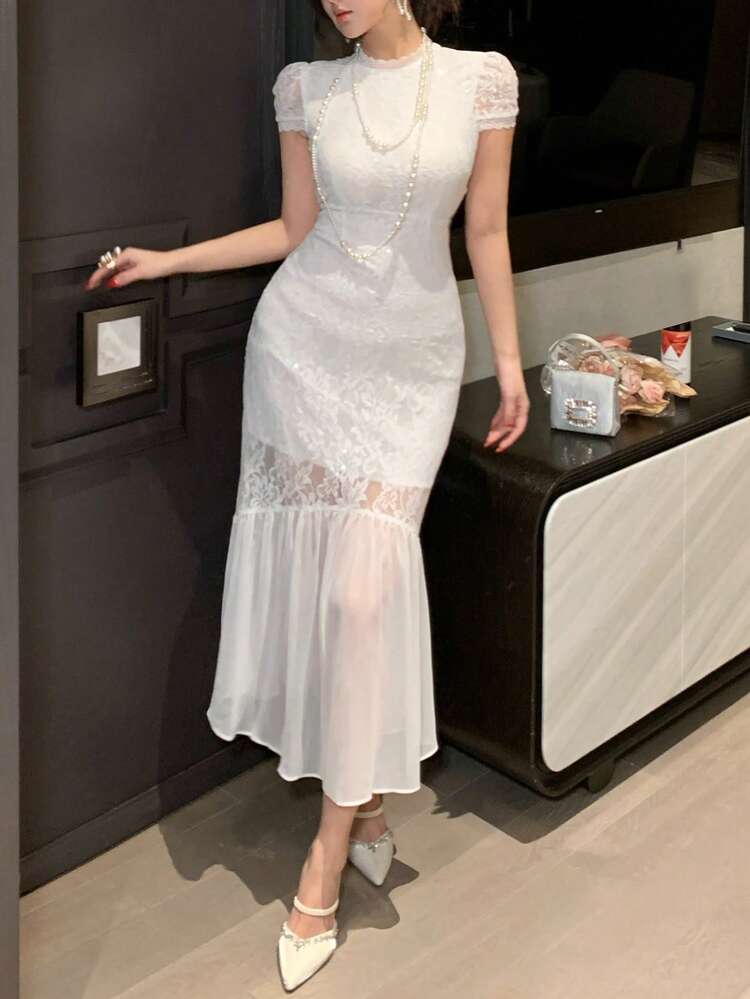 Women's Floral Lace Round Neck Short Sleeve Elegant Mid-Length Dress Sun Dresses For Women Summer