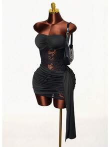 Mistrie Lace Patchwork Ruffle Waist Bodycon Mini Dress, Sexy Sleeveless Off Shoulder Hollow Out Fitted Flare Hem Dress - Black - View 4