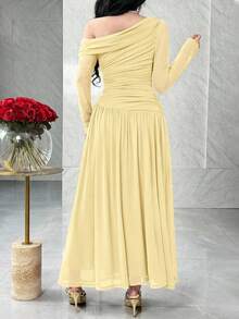Feyla Women's Solid Color Ruched Asymmetric Waist Elegant Long Dress, Suitable For Dates And Parties - Pale Yellow - View 2