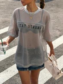 Muchica Summer Women's Knitted Sheer Mesh Digital Print Sports T-Shirt, Summer Outfits Boyfriend Style Basketball Jersey Mesh Shirts Streetwear Top Mesh Long Sleeve See Through Shirt Long Sleeve Summer - Grey - View 3