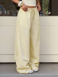 Muchica Women's Woven Pale Yellow Striped Beach Pants, Casual And Loose Wide-Leg Pants, New Spring/Summer Arrival. - Pale Yellow - View 6