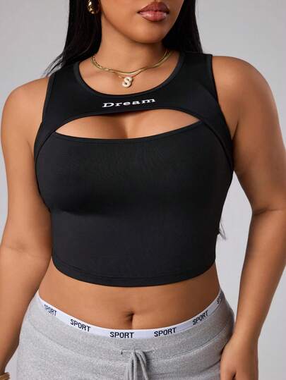 Rhythm Era Plus Size Women Letter Print Hollow Out Cropped Sports Tank Top Gym Crop Tops Women Plus Workout Top Activewear Tops Curve Workout Tops Athletic Top