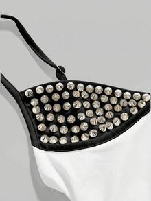 ROMWE Grunge Punk Sexy Halloween Dark Punk Rivet Patchwork Women Top - Black and White - View 3