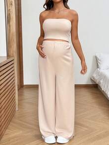 SHEIN 2pcs Maternity Casual Solid Color Tube Top & Pants Set - Khaki - View 3