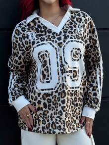 Bearsaez 秋冬新款女士休闲豹纹数字图案卫衣 - 卡其色 - 查看 4