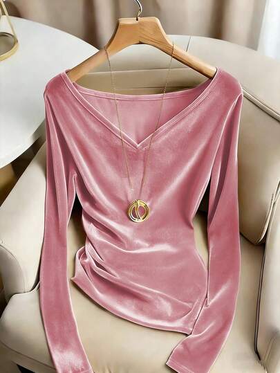 Franclia Elegant Casual Velvet V-Neck Long Sleeve T-Shirt, Champagne Color, Autumn/Winter
