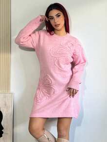 Bearsaez 女式花卉纹理落肩长袖休闲针织连衣裙，秋冬 - 粉色 - 查看 4