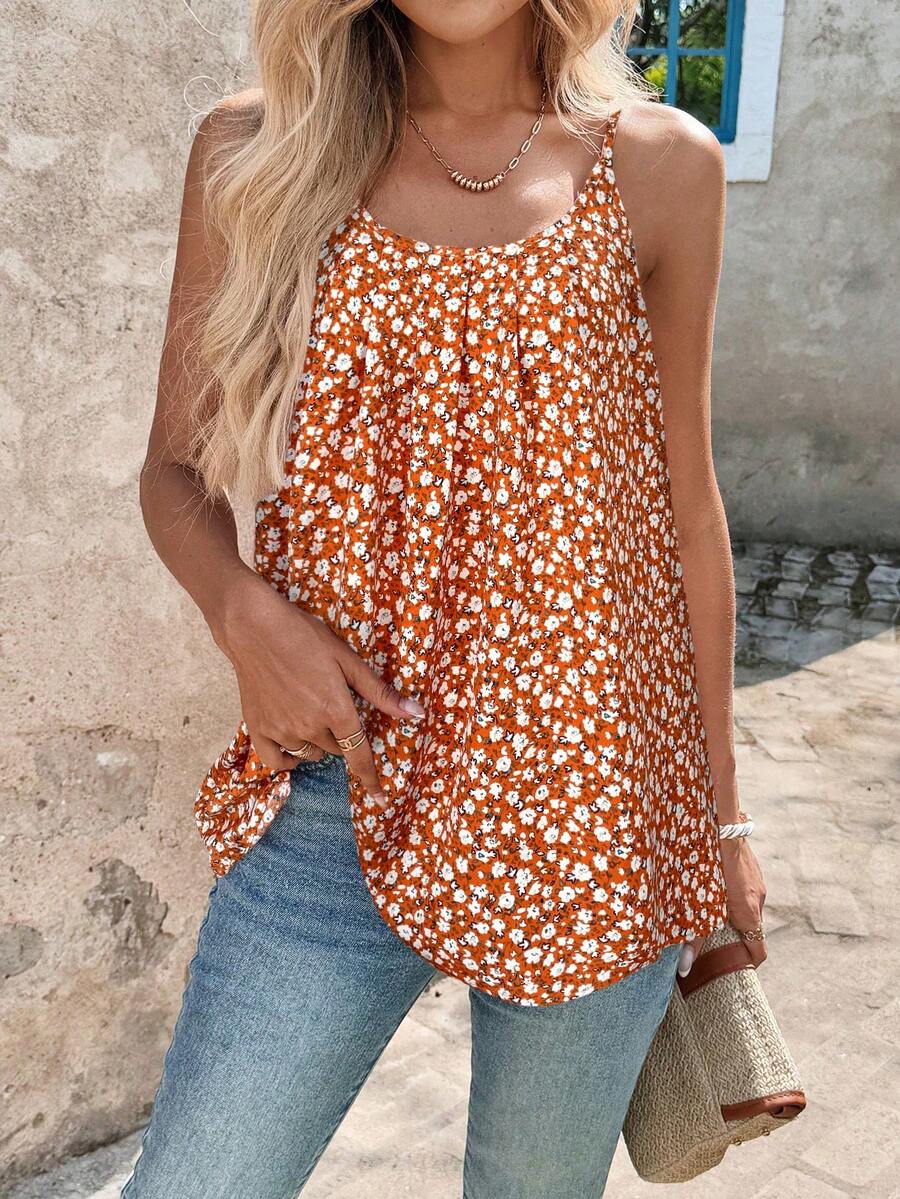 SHEIN Clasi Áo hai dây nữ màu hồng họa tiết hoa nhí thời trang, thanh lịch, thích hợp mặc riêng hoặc mặc nhiều lớp trong nhiều dịp. - trái cam - Xem 1