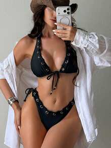 Swim SXY Bộ đồ bơi hai mảnh màu nâu trơn dành cho nữ, thích hợp cho kỳ nghỉ hè, kiểu dáng thường ngày đi biển, bikini buộc dây cổ yếm với khoen cài, chất liệu vải bóng. - màu đen - Xem 3