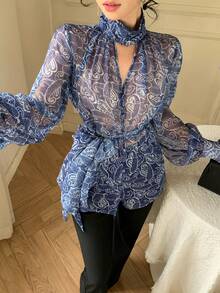 DAZY Women's Elegant Floral Print Stand Collar Belted Shirt, Spring - Blue - View 3