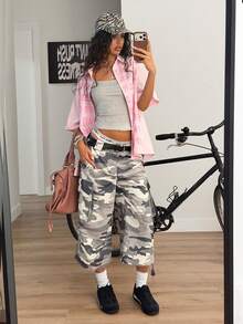 Muchica Going Out Outfits Camouflage Wide Leg Cropped Pants - Multicolor - View 7