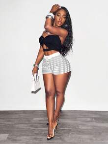 Glyssa Women's Black & White Striped Low-Waist Minimalist Sexy Casual Shorts, Versatile For Commuting, Sports, Fashion, Spring/Summer - Multicolor - View 4